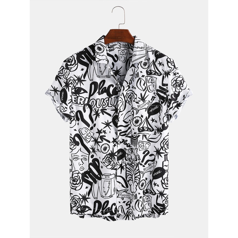 Character Cartoon Abstract Breathable Short Sleeve Casual Shirts For Men Women - Black 3XL