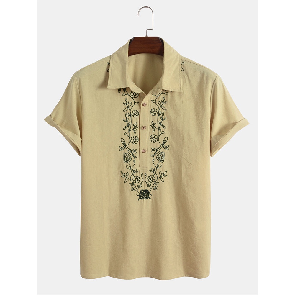 Mens 100% Cotton Embroidery Flower Casual Shirts - Khaki S