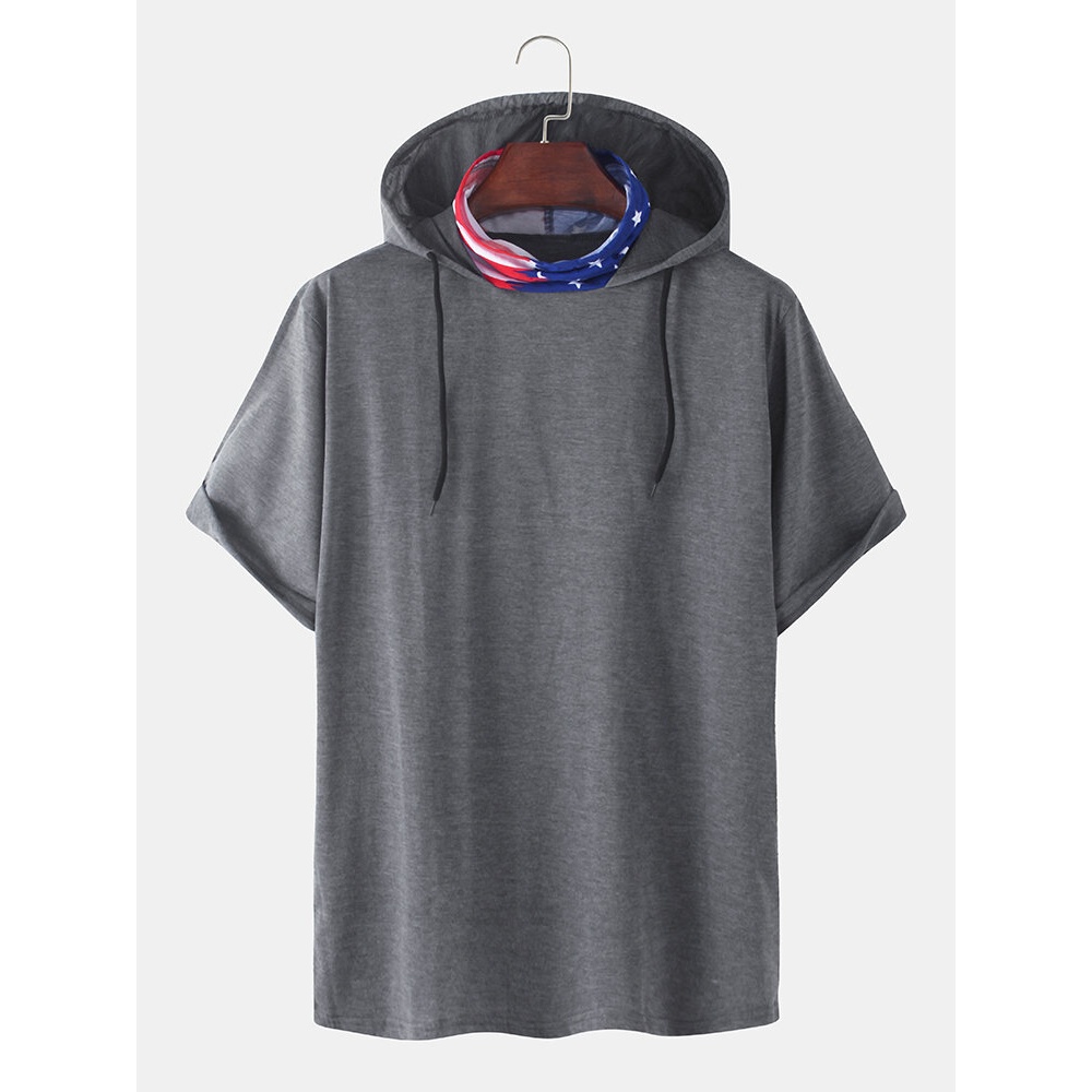 Mens Cotton Casual Short Sleeve Hooded T-Shirts With American Flag Face Mask - Black S