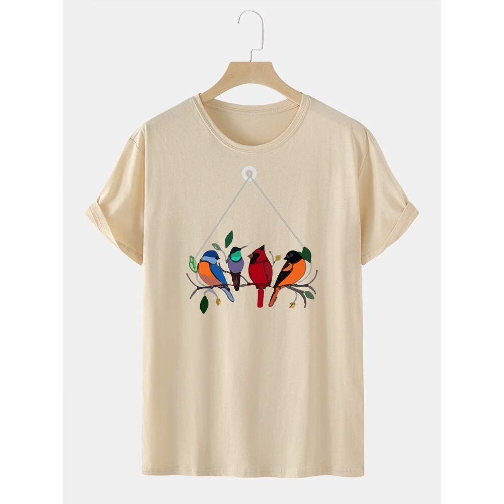 Mens 100% Cotton Colorful Bird Print Round Neck T-Shirt - Black M