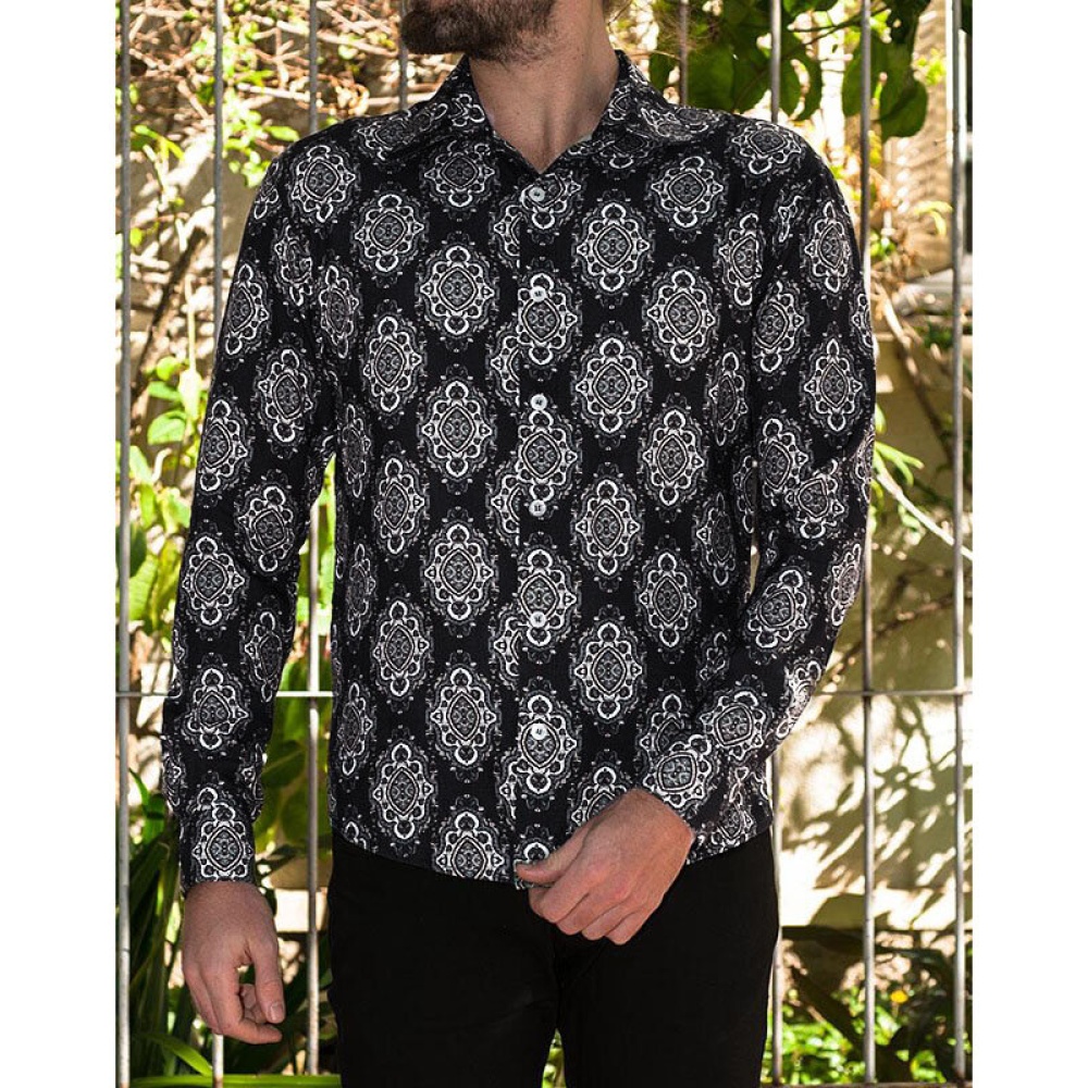 Men Tribal Pattern Printed Turn Down Collar Couple Shirts - S Black