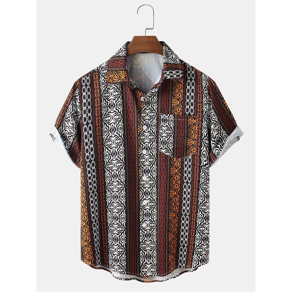 Mens Colorblock Striped Print Holiday Short Sleeve Shirts With Pocket - Brown L