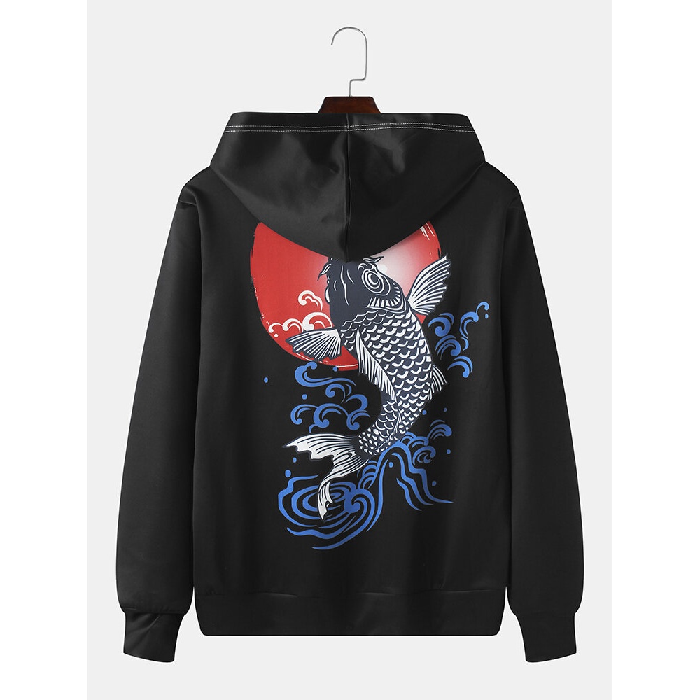 Mens Ethnic Style Cartoon Carp Back Print Pocket Black Long Sleeve Hoodies - Black L