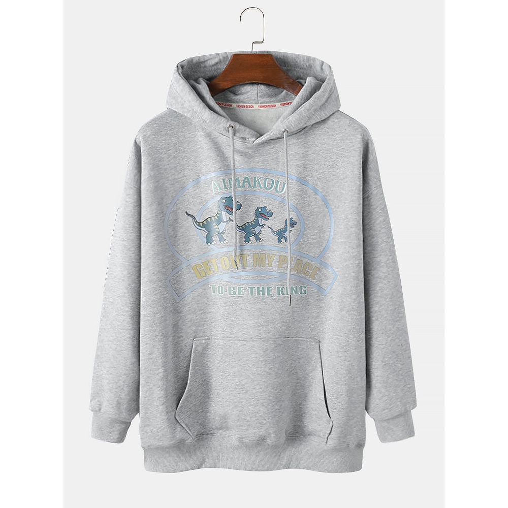 Mens Dinosaur Slogan Graphic Print Casual Drawstring Pullover Hoodie - Grey L