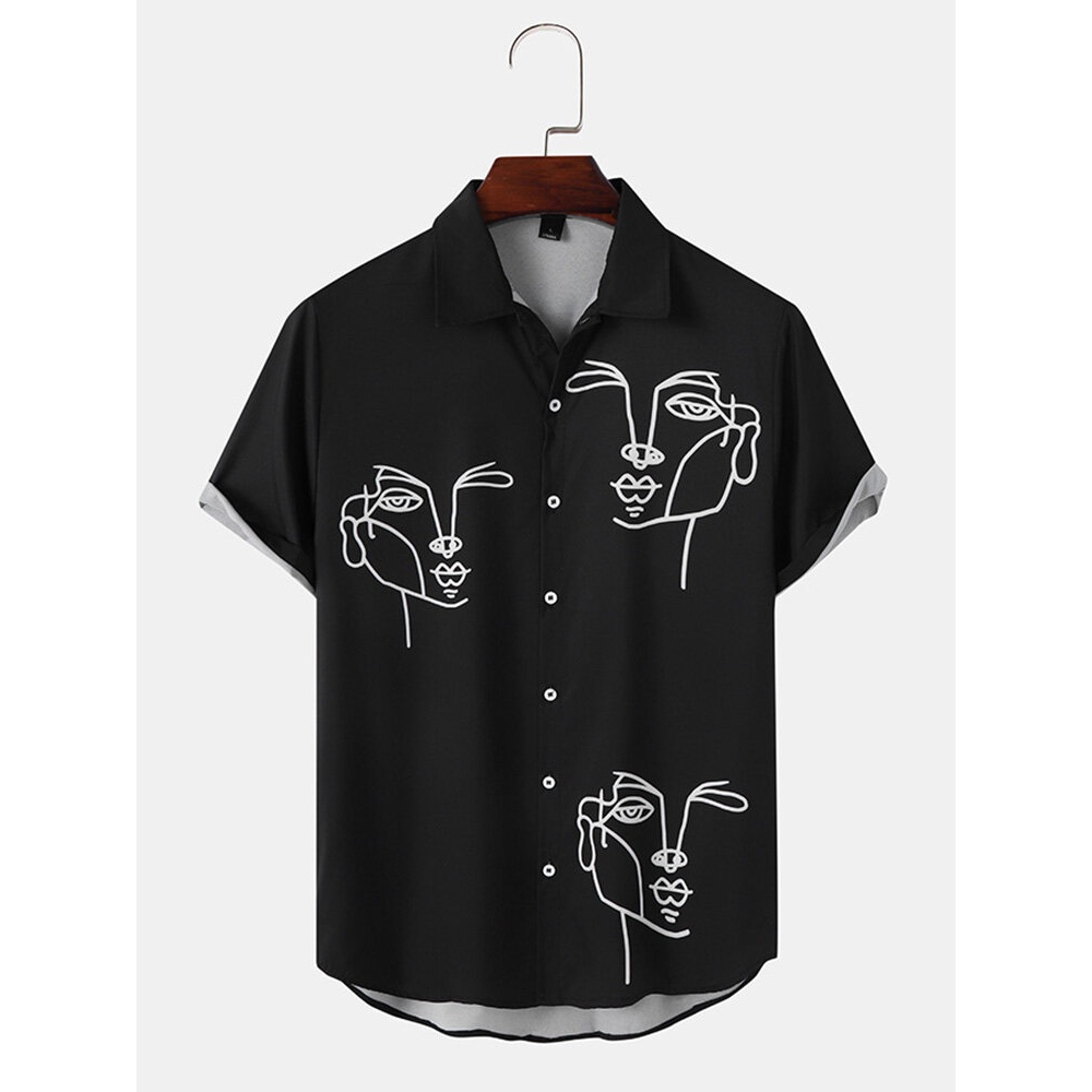 Mens Casual Cat Painting Shirts - Black L
