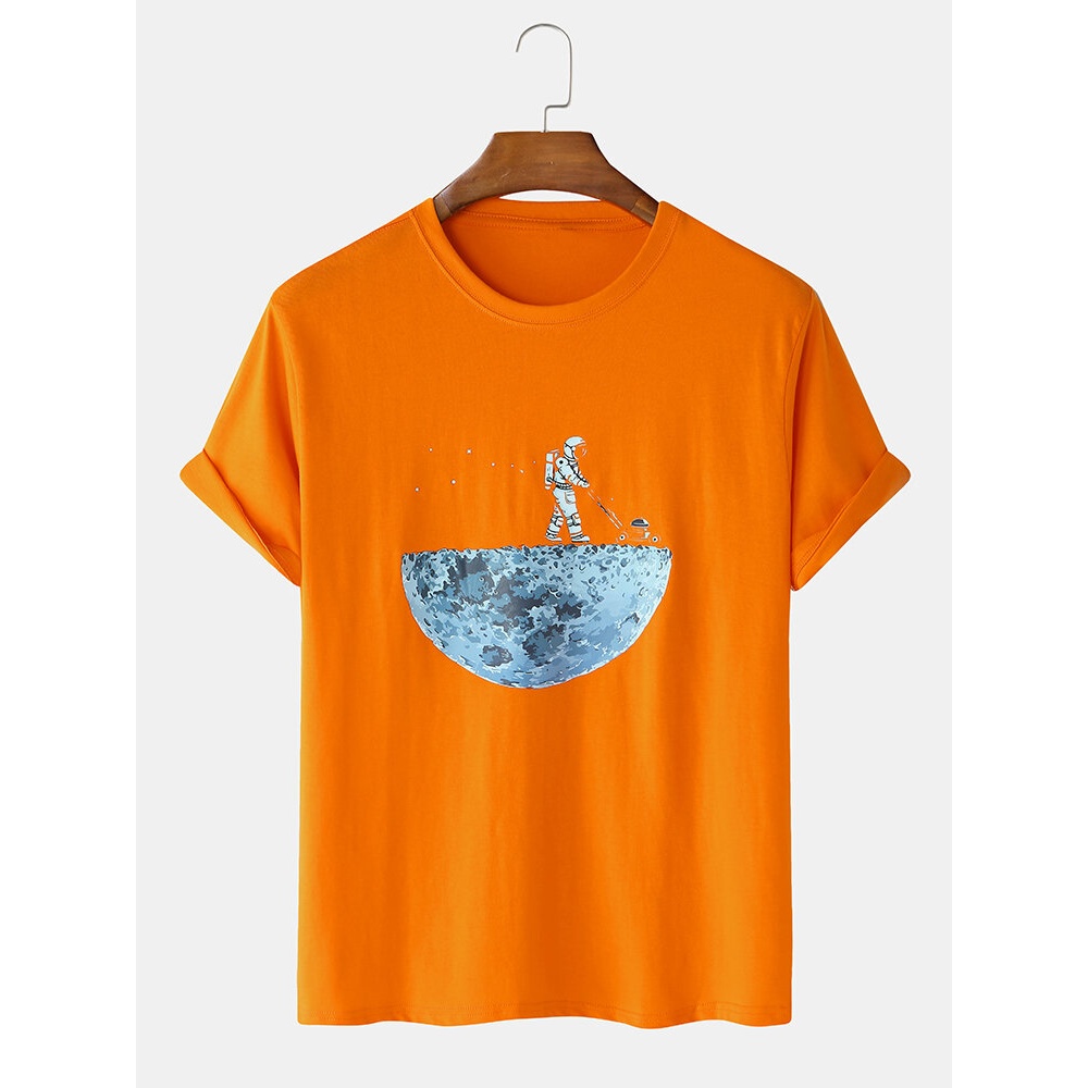 Mens Cotton Designer Cartoon Lunar Astronaut Print Short Sleeve Fashion T-Shirts - White S