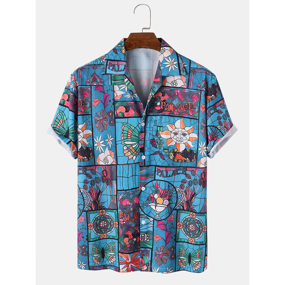 Mens All Over Vintage Flower Print Lapel Short Sleeve Shirts - Blue L
