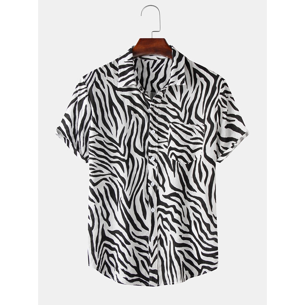 Men Zebra Print Turn Down Collar Pocket Button Up Casual Shirts - Black 2XL