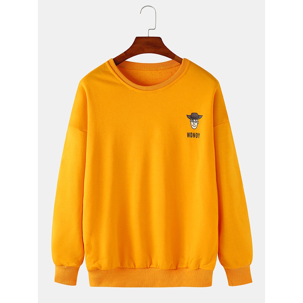 Mens Cartoon Letter Print Crew Neck Drop Shoulders Long Sleeves Sweatshirts - White M