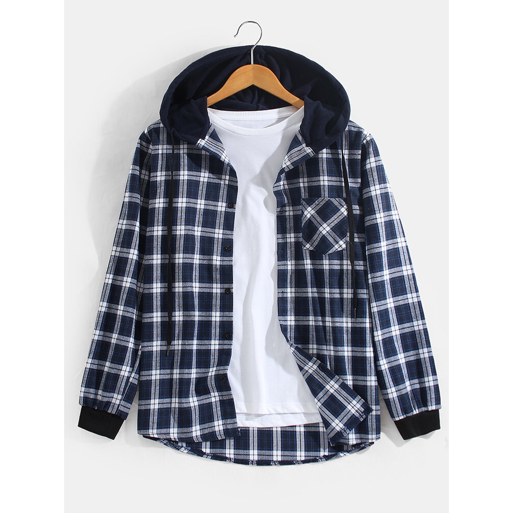 Mens Plaid Chest Pocket Long Sleeve Casual Drawstring Hooded Shirts - Navy XS