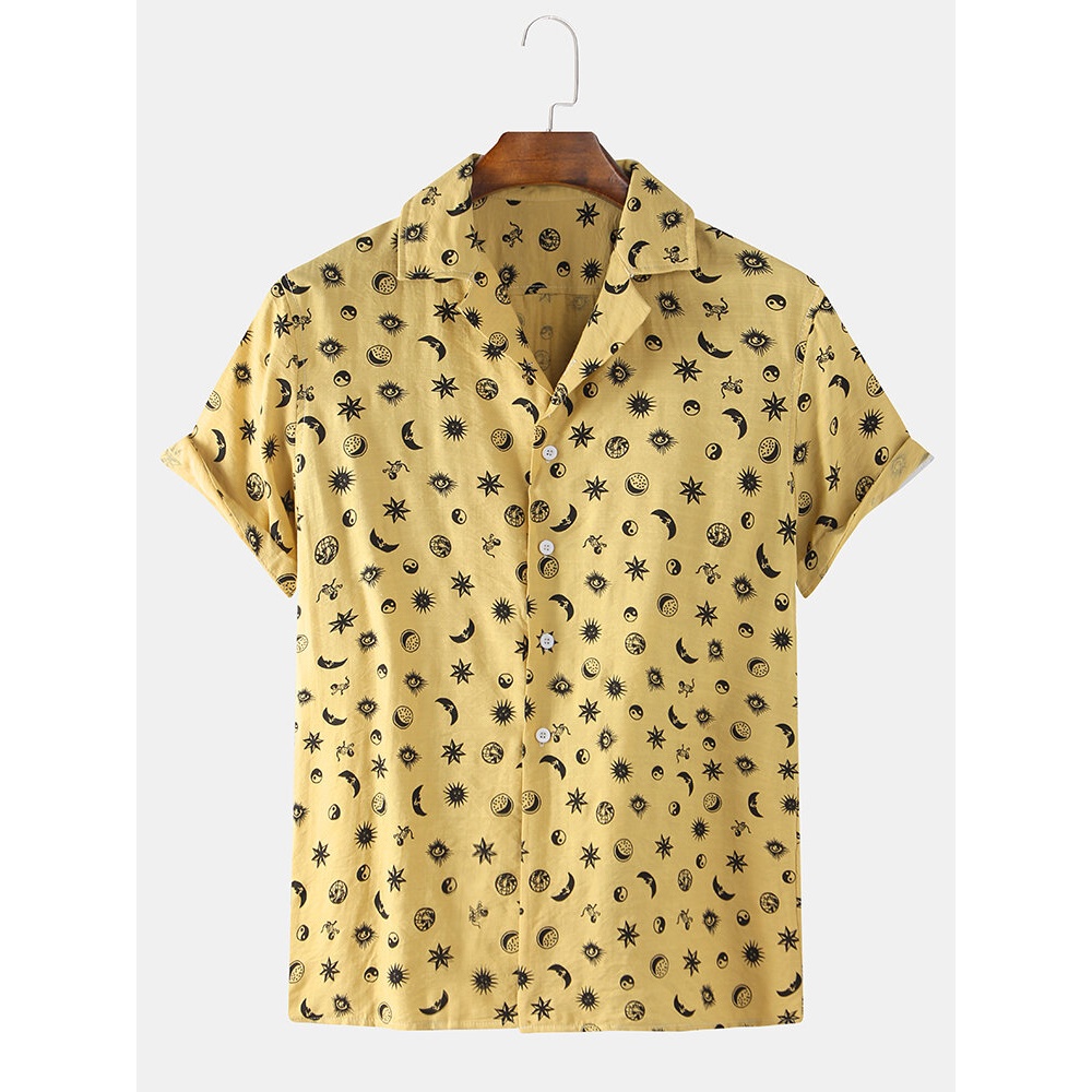Mens Fashion Stars Moon Printing Breathable Casual Shirts - Black M