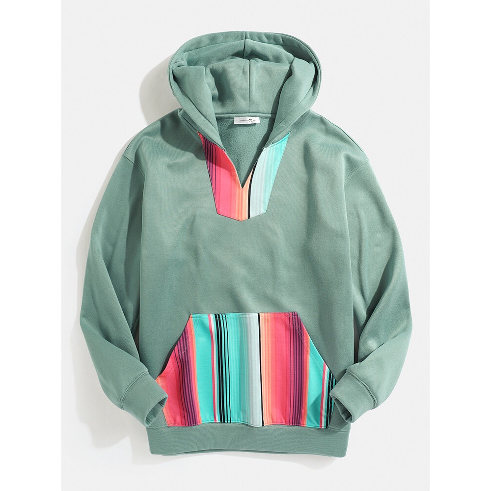 Mens Patchwork Colorful Stripe Kangaroo Pocket Long Sleeve Hoodies - Green S