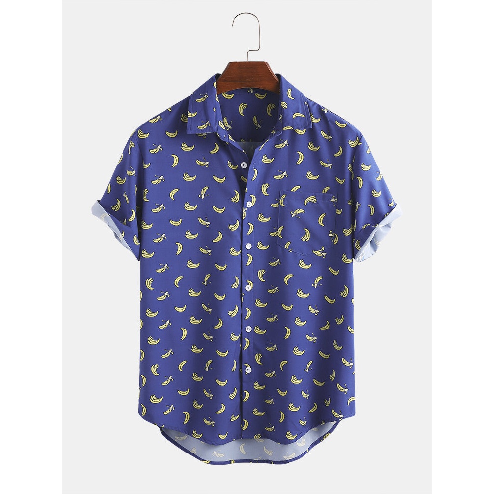 Mens Fashion Moon Printing Breathable Turn Down Collar Casual Shirts - Light Blue M