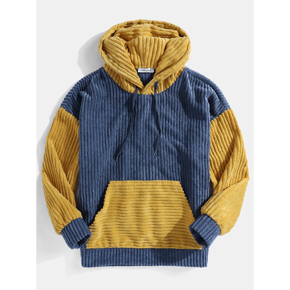 Mens Corduroy Patchwork Drop Shoulder Long Sleeve Kangaroo Pocket Hoodies - S Purple