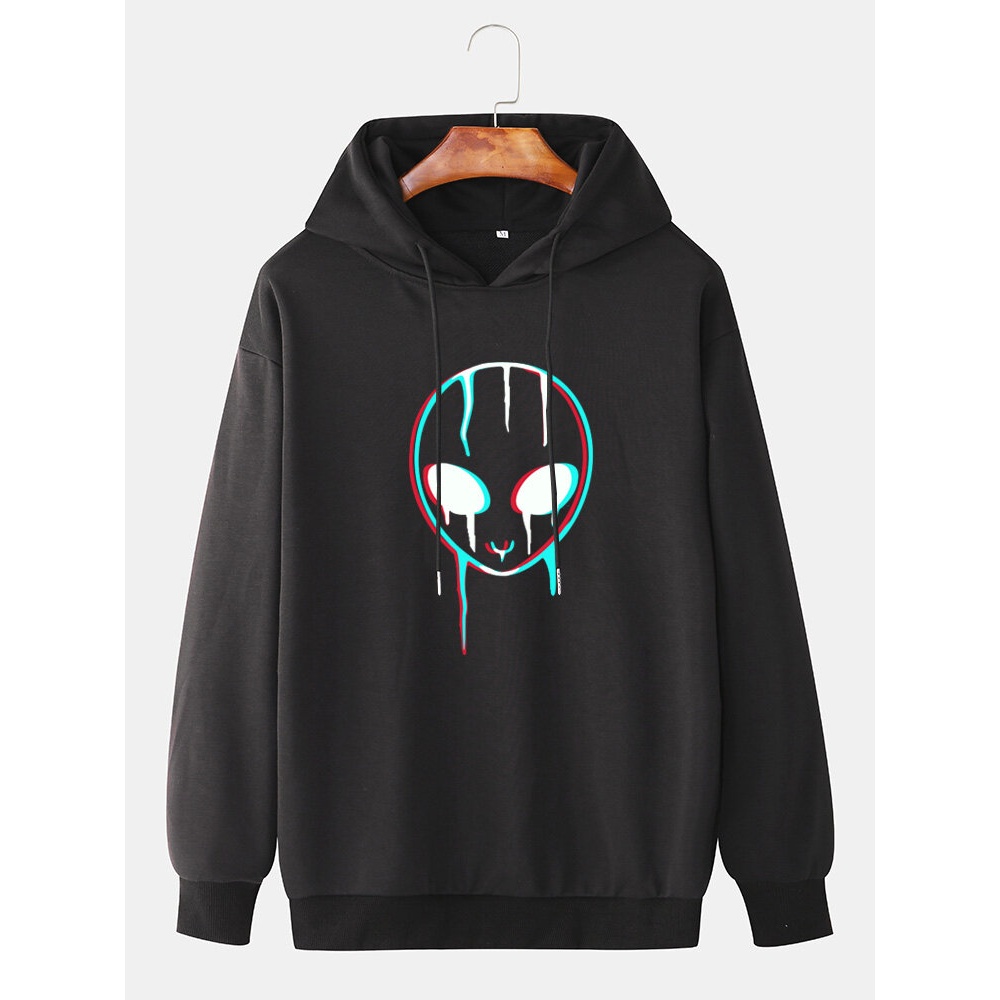 Mens Reflective Alien Print Casual Drawstring Pullover Hoodie - Red L