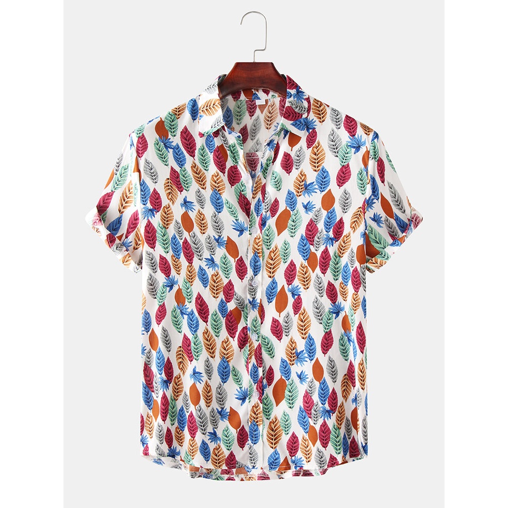 Men Fashion Allover Leaves Print Turn Down Collar Hawaii Holiday Button Up Short Sleeve Shirts - White L