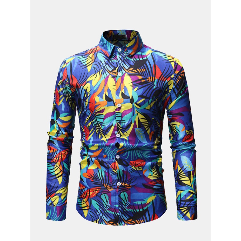 Mens Colorfull Printing Slim Fit Long Sleeve Shirts - 2XL Blue