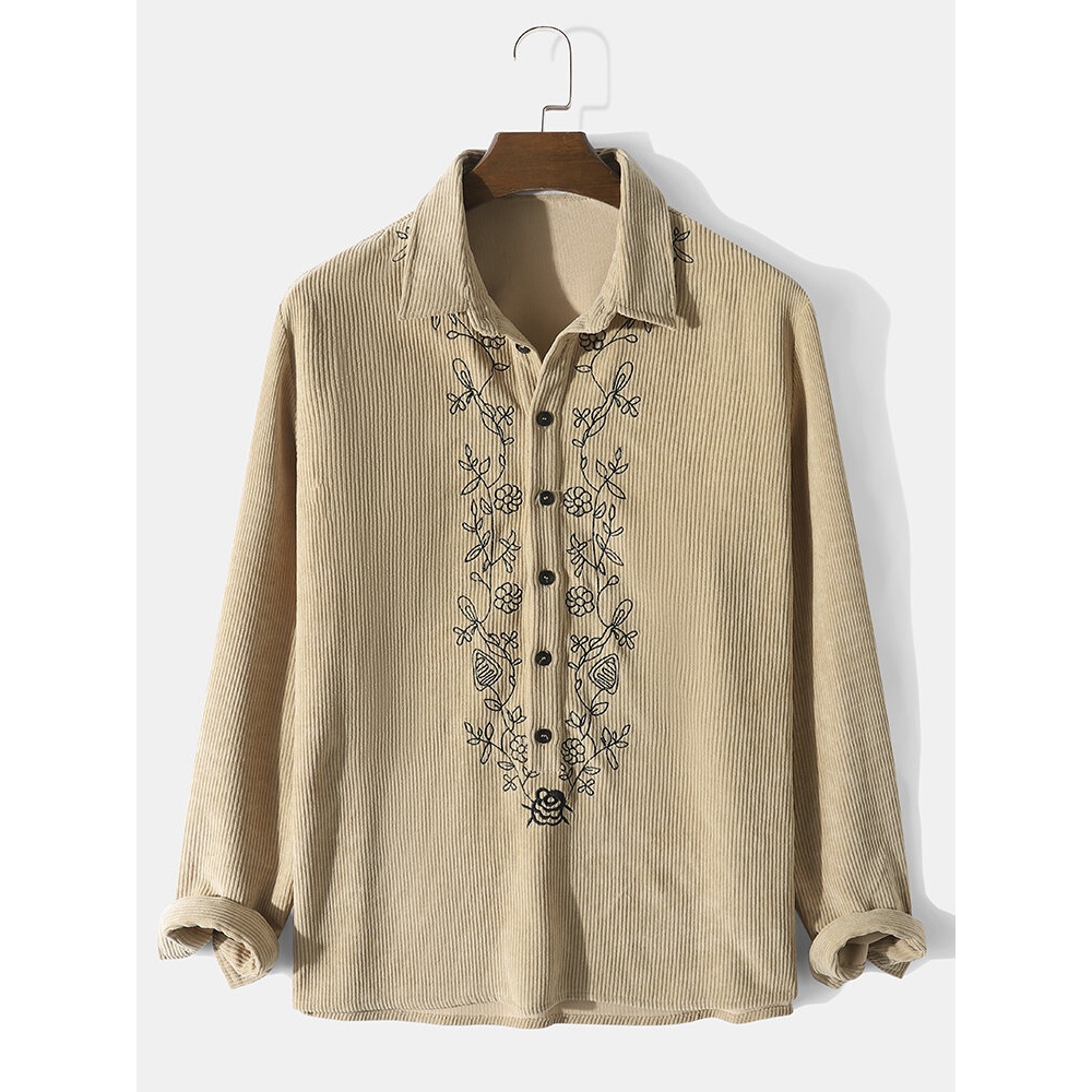 Men Floral Corduroy Solid Color Buttons Long Sleeve Casual Henley Shirts - Khaki S