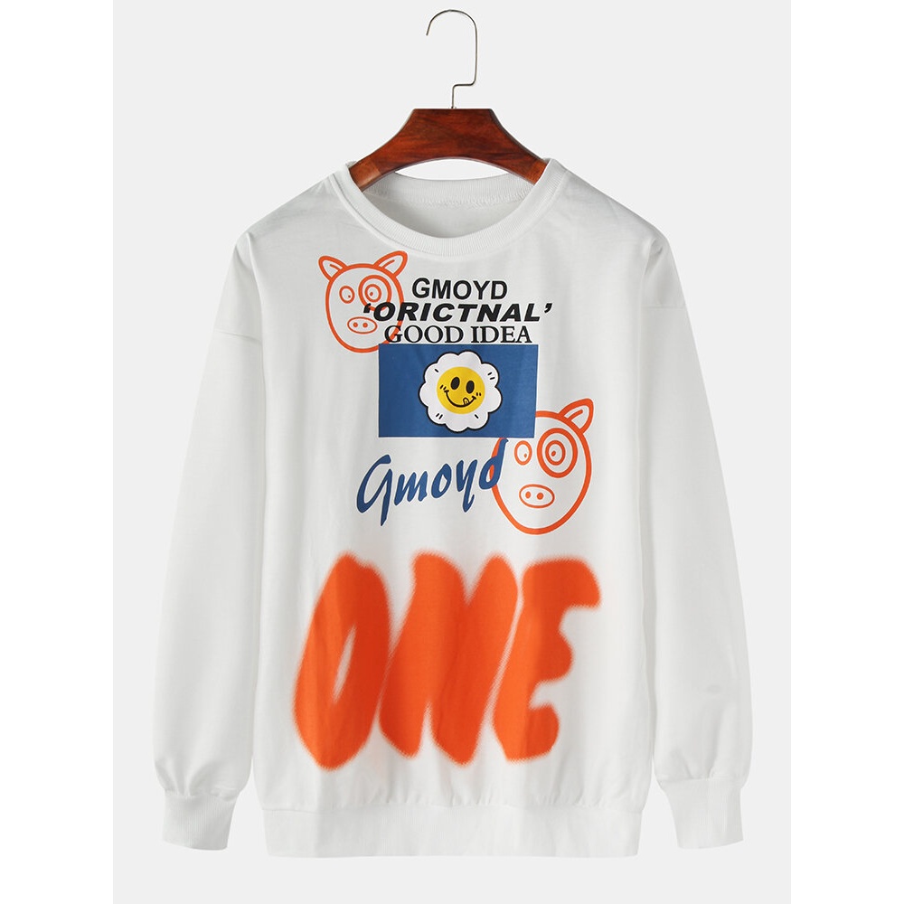 Mens Cotton Cartoon Animal Letter Print Crew Neck Loose Casual Sweatshirts - Black M