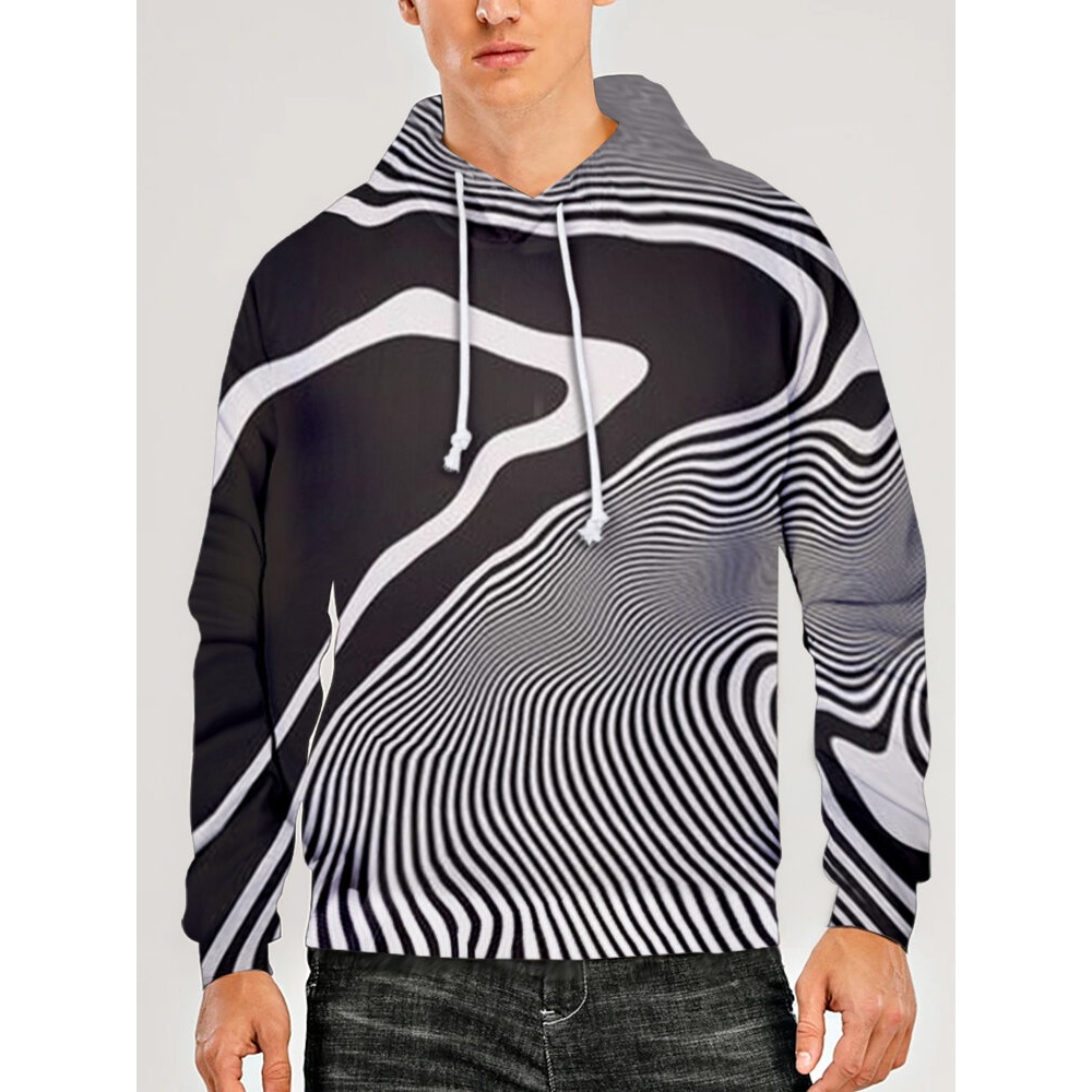 Mens All Over 3D Irregular Stripes Print Casual Drawstring Hoodies - Black S