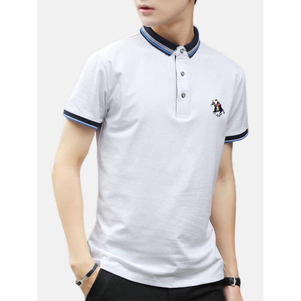 Mens Fashion Solid Color Short Sleeve Turn Down Collar Casual Tops - S White