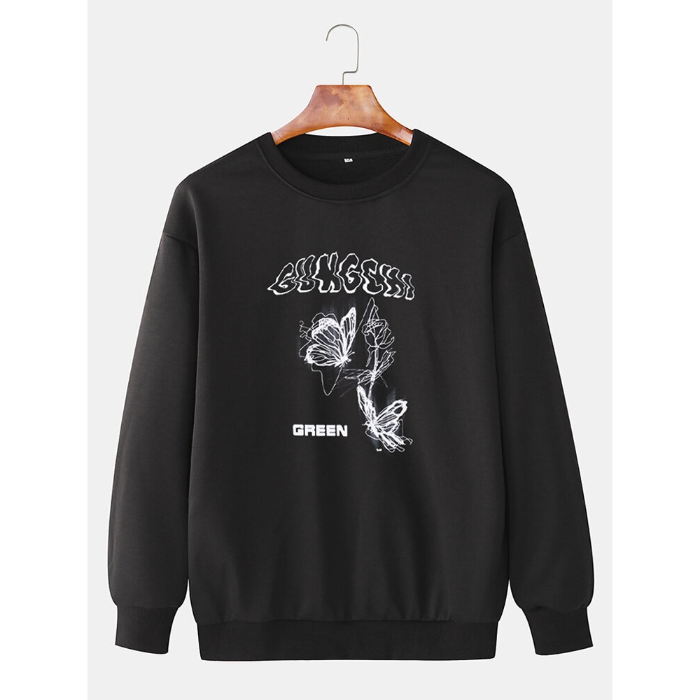 Mens Cotton Design Butterfly Print Letter Pattern Drop Shoulder Pullover Sweatshirts - Black L