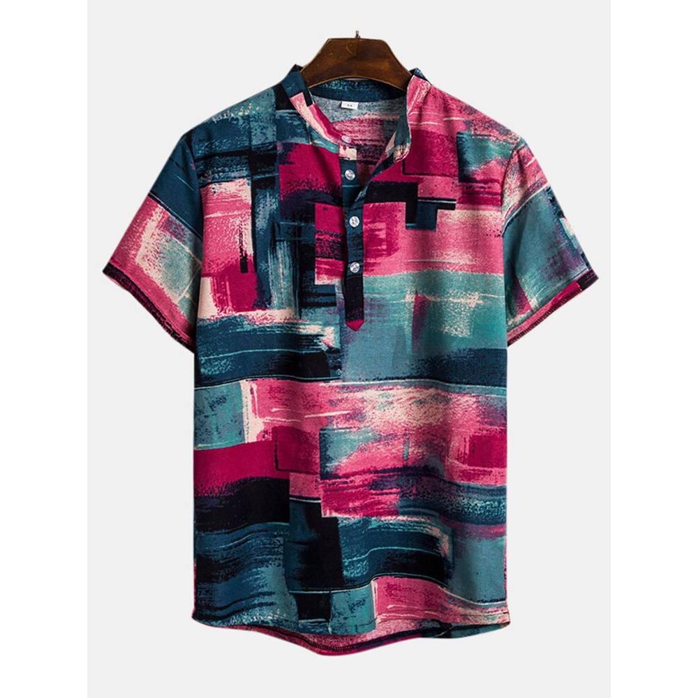 Mens Color Blocks Painting Printing Summer Henley Shirts - M As Picture