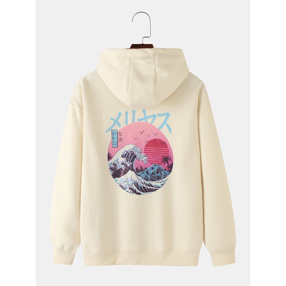 MensJapanese Style Print Drop Shoulder Kangaroo Pocket Long Sleeve Hoodies - Green S