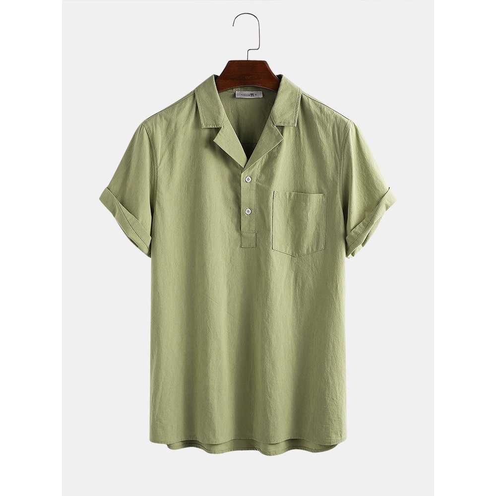 Mens 100% Cotton Revere Chest Pocket Buttons Solid Color Casual Shirts - Green M