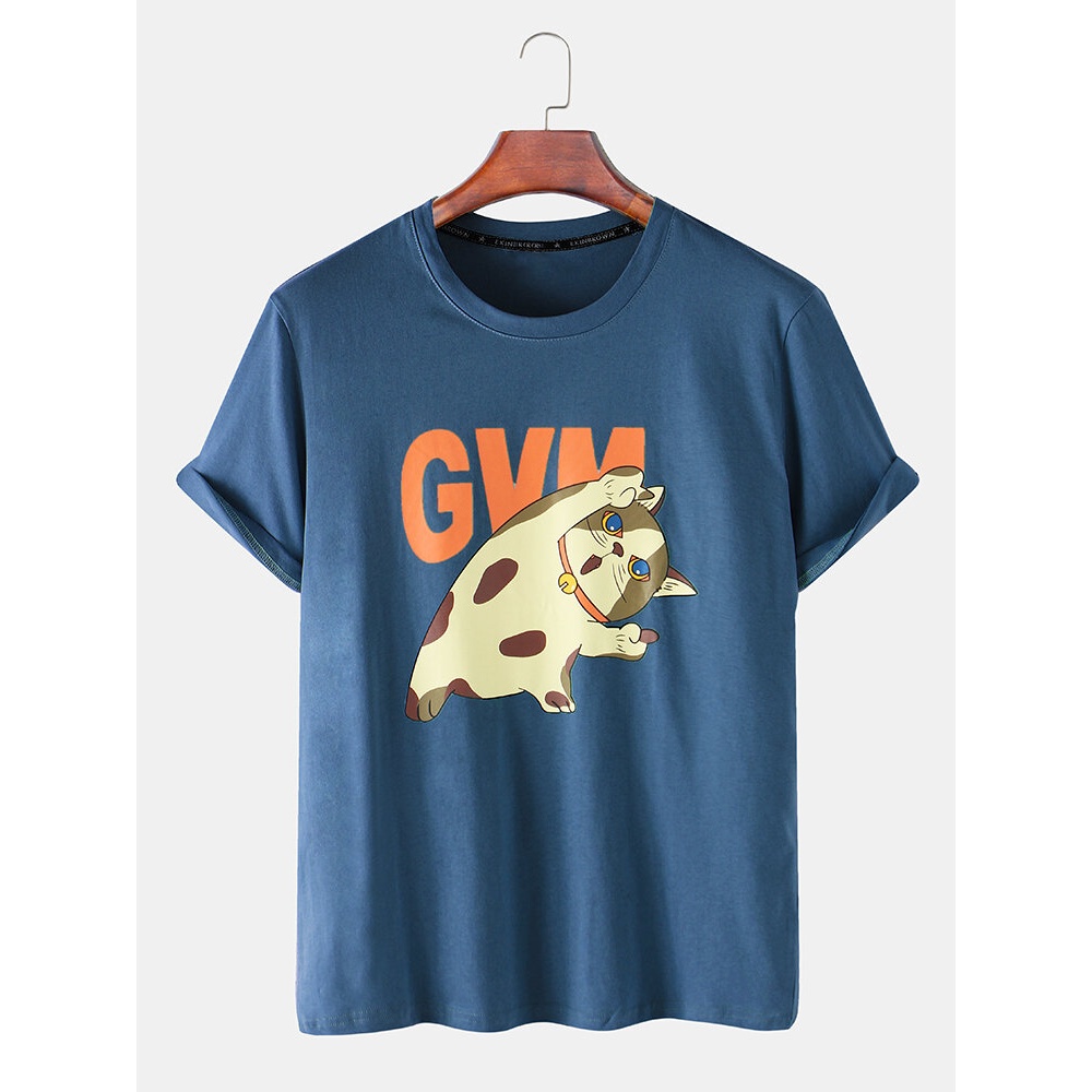 Cute Cartoon Cat Print Short Sleeve Breathable Cotton Round Neck Casual T-Shirts - White S