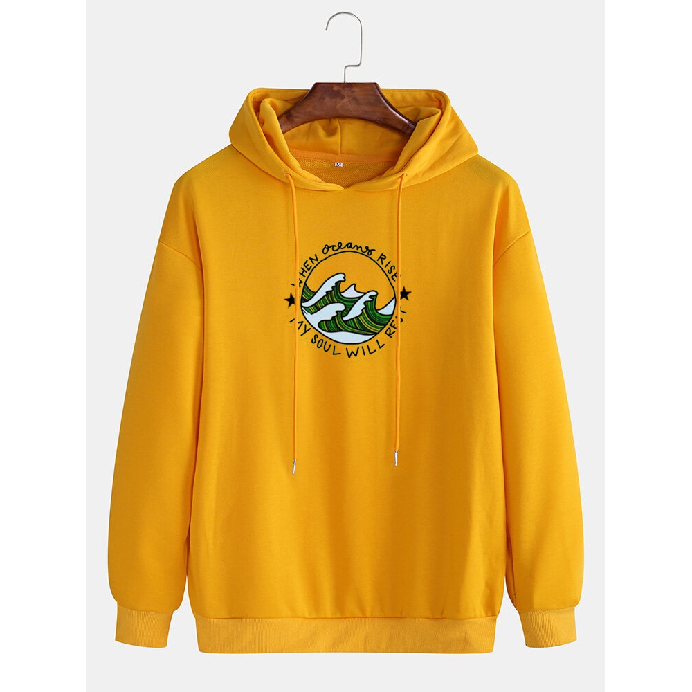 Mens Cartoon Waves Print Drop Shoulder Casual Cotton Drawstring Hoodies - Yellow S