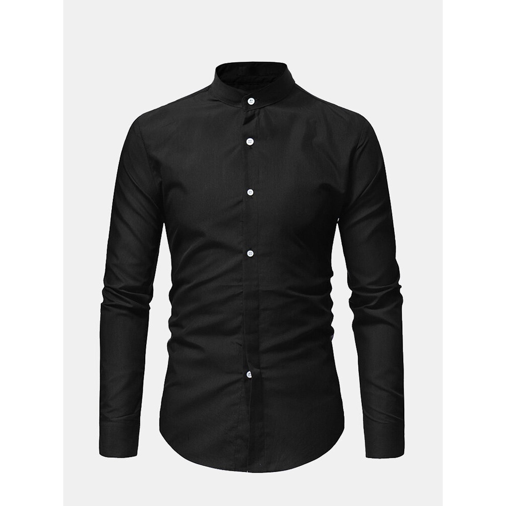 Mens Casual Business Stand Collar Slim Fit Long Sleeve Solid Color Shirts - XL Red