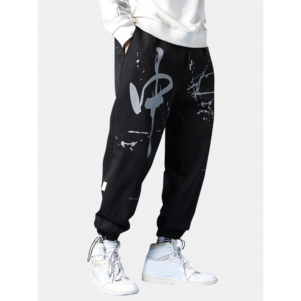 Mens Graffiti Print Plus Velvet Drawstring Beam Feet Pants Thicken Jogger Pants - L Black