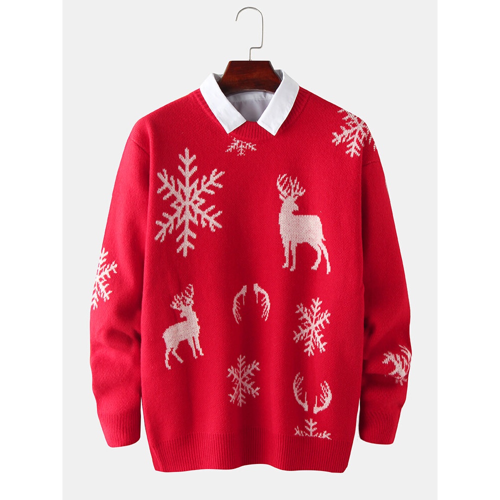 Mens  Elk & Snowflake Graphics Knitting Long Sleeve Sweaters - Apricot L