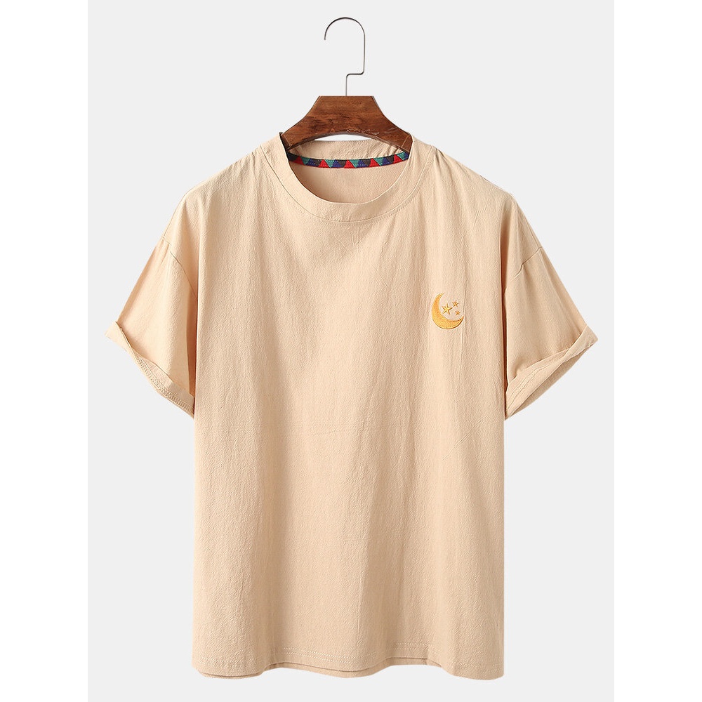 Mens Moon Embroidered Solid Color Loose Light Round Neck T-Shirts - Black 4XL