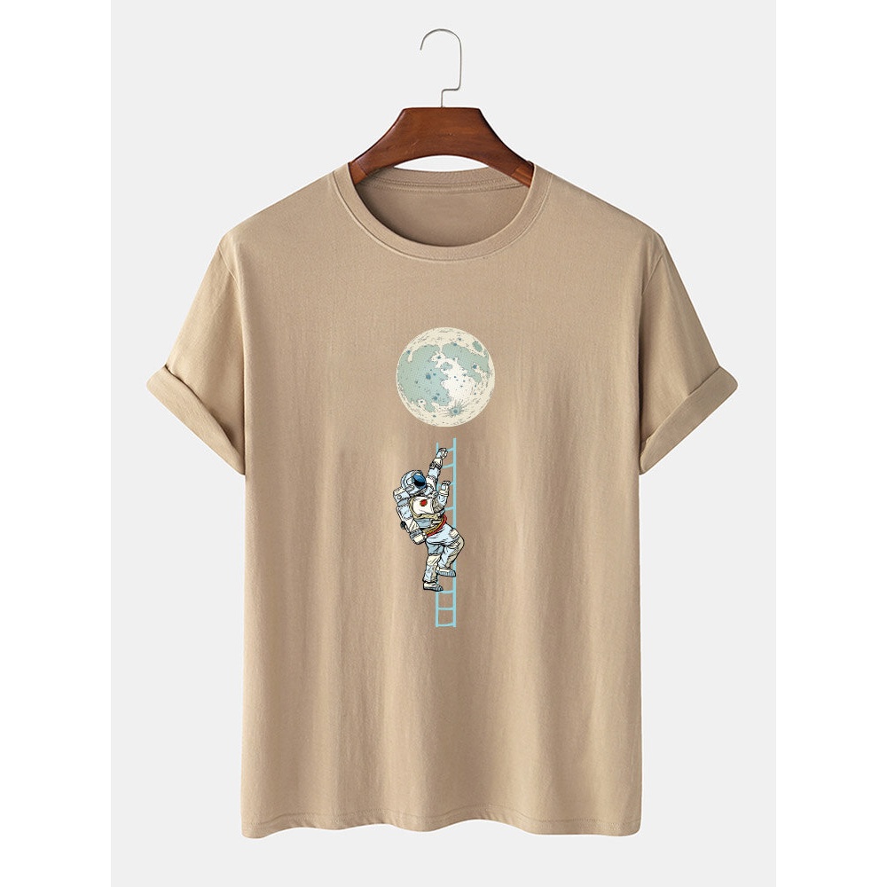 Mens 100% Cotton Funny Astronaut Print Short Sleeve Casual T-Shirts - Black S