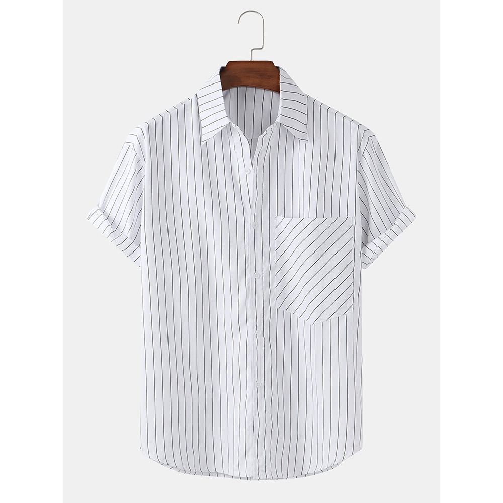 Mens Vertical Stripes Big Pocket Short Sleeve Casual Shirts - White 2XL