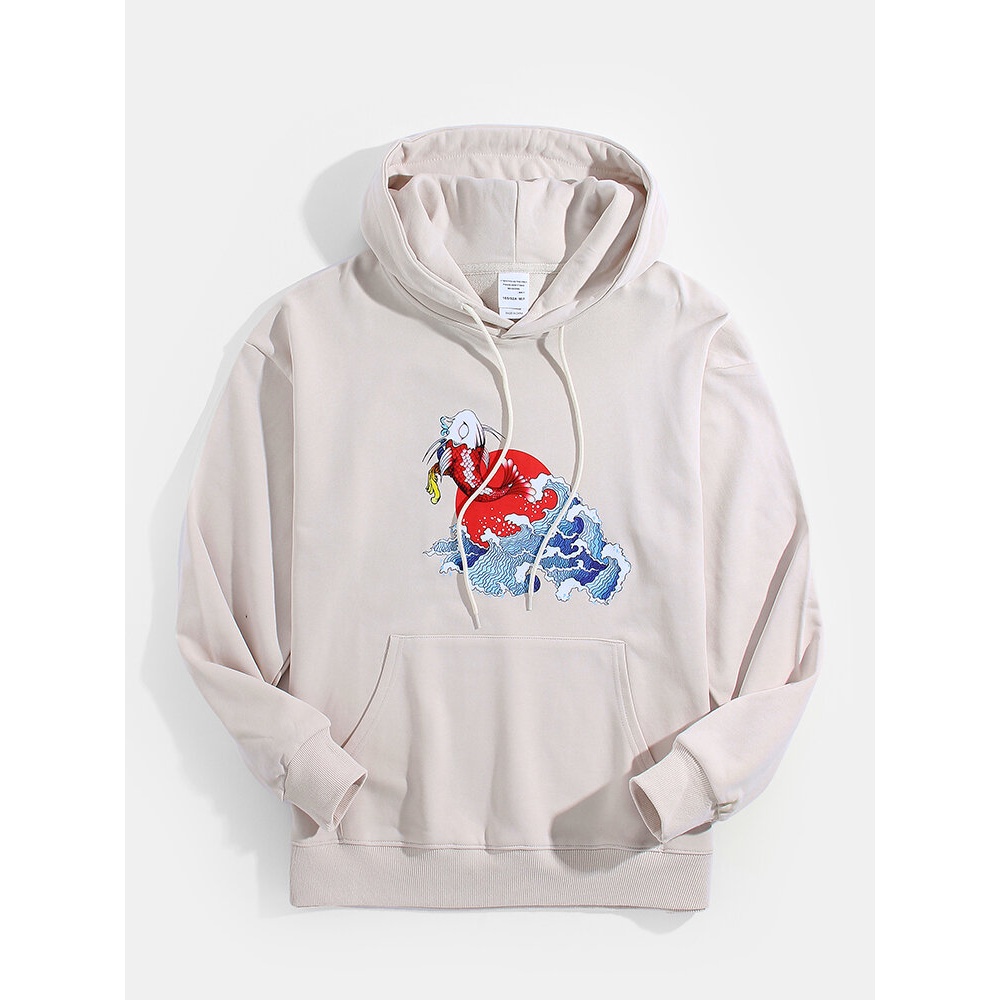 Mens Cotton Carp Waves Graphics Design Drawstring Hoodies With Kangaroo Pocket - Pink L