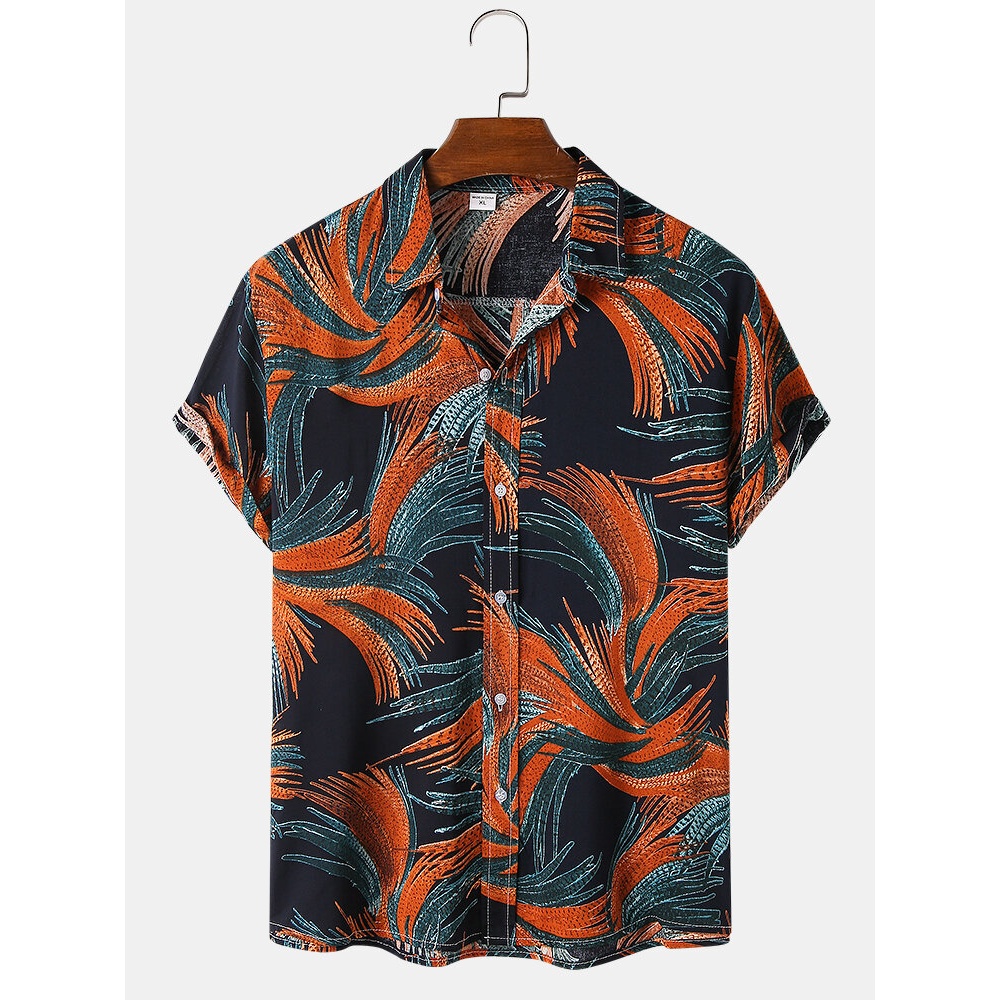 Mens Designer Print Short Sleeve Lapel Collar Casual Shirts - Orange S