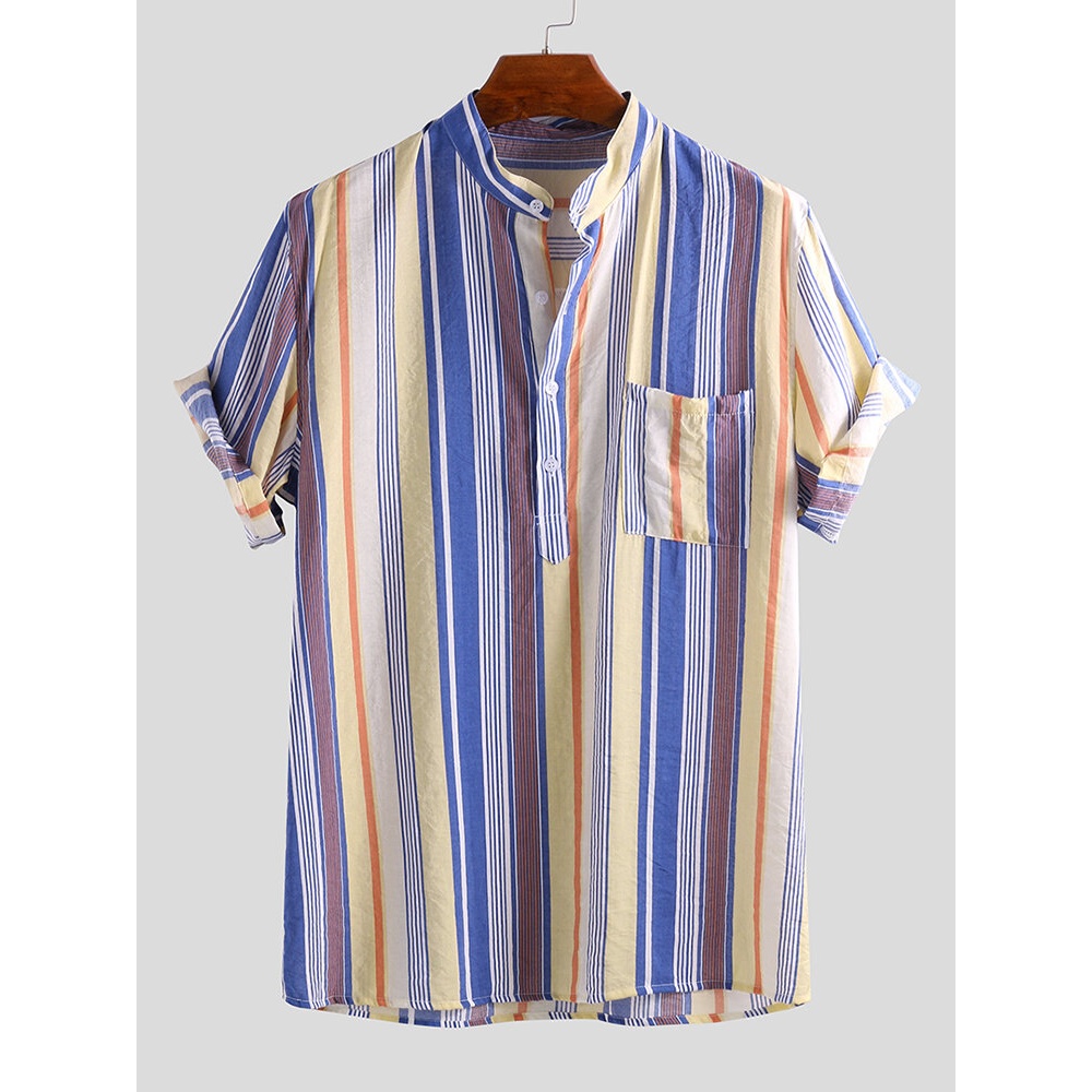 ChArmkpR Men Colorful Mix Stripe Short Sleeve Henley Shirts - M Green