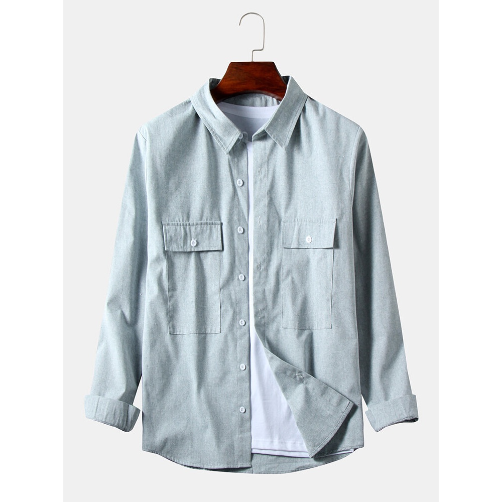 Mens Cotton Fabric Double Pockets Long Sleeve Loose Fit Casual Casual Shirts - M Blue