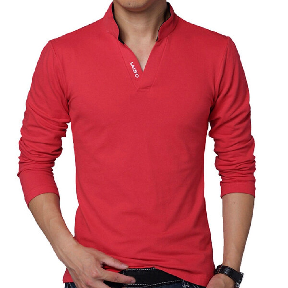 HOT SALE Mens Fashion V-neck Collar Solid Color Long Sleeve Casual T-shirts - L White
