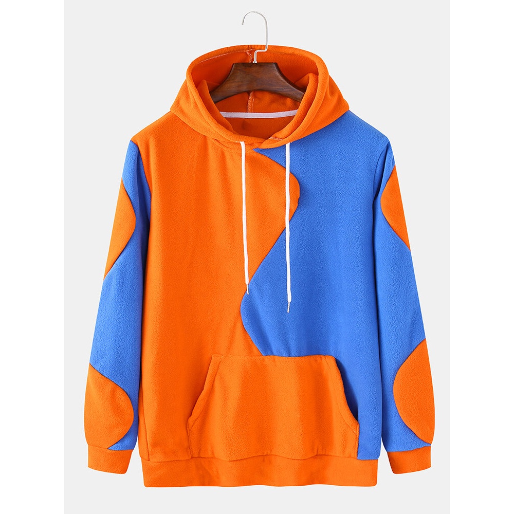 Mens Patchwork Solid Color Pocket Long Sleeve Drawstring Design Hoodies - Orange 2XL