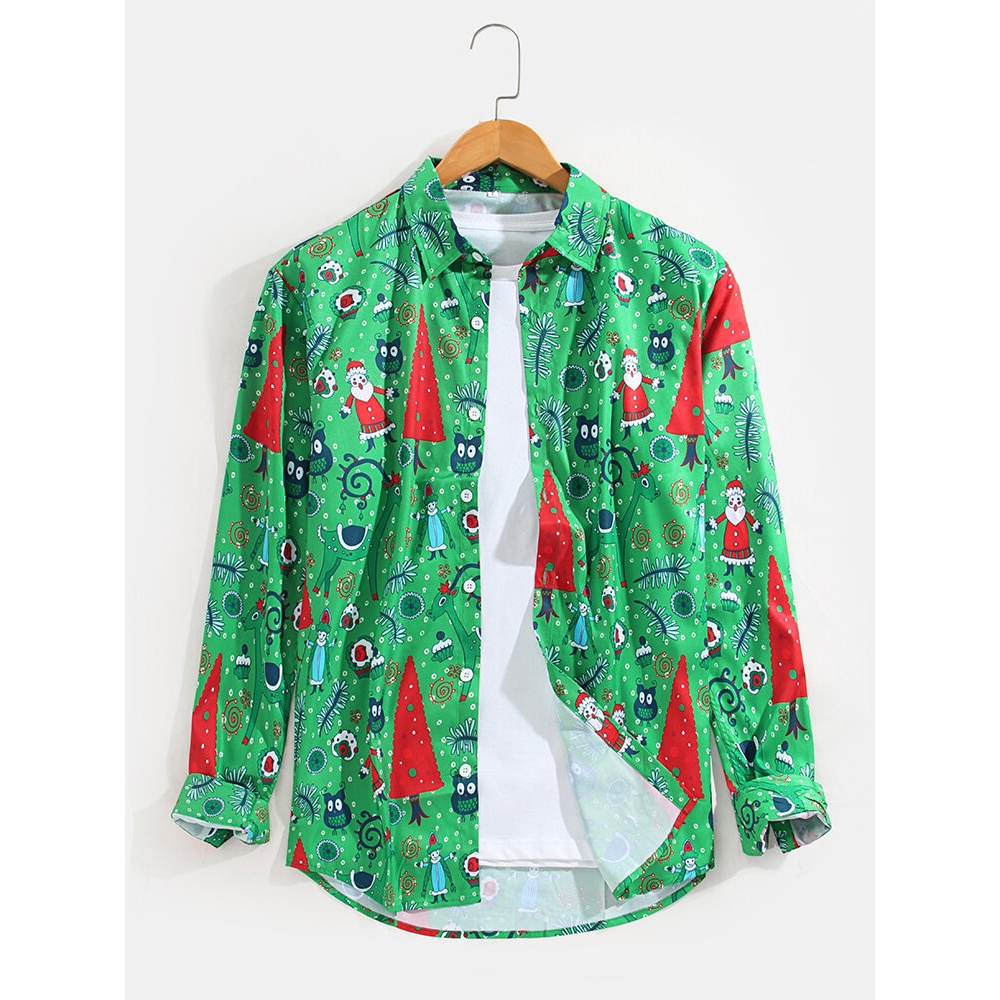 Mens  Cartoon Santa Claus Print Lapel Long Sleeve Shirts - Green XL