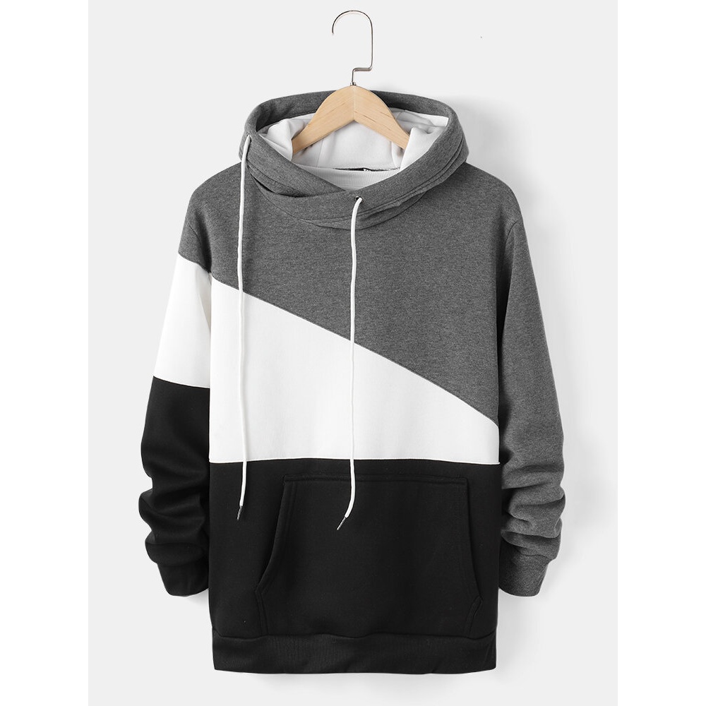 Mens Colorblock Patchwork Drawstring Casual Pullover Hoodie - White M
