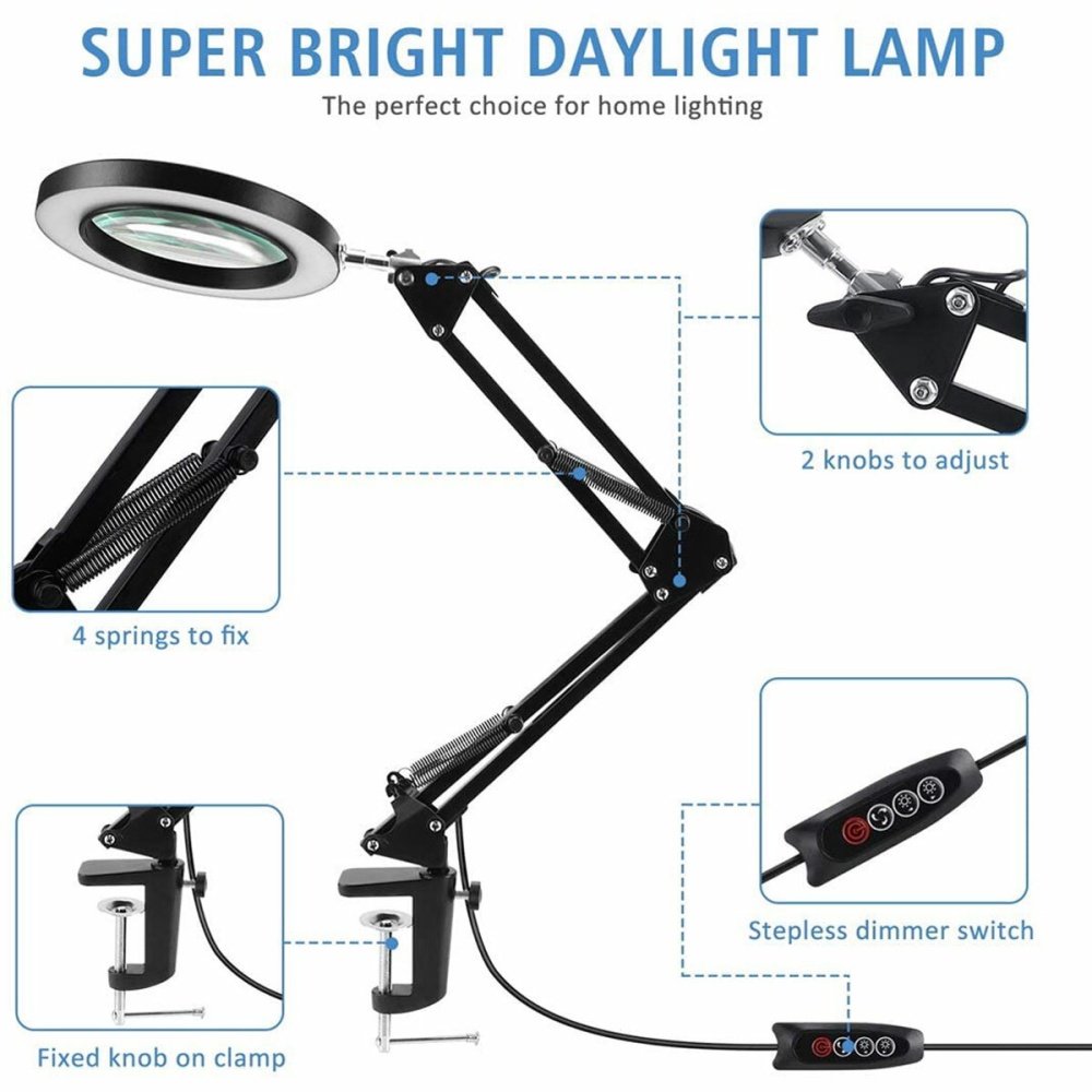 Flexible Arm 10X LED Magnifying Glass Stepless Dimmable 3 Color Light Modes Ring Fill Light with Desk Clip - White - Image 2