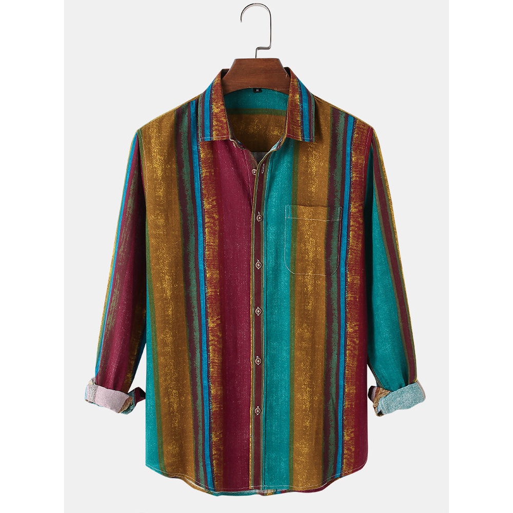 Cotton Mens Design Colorful Vertical Stripes Vintage Long Sleeve Casual Shirts With Pocket - Orange S