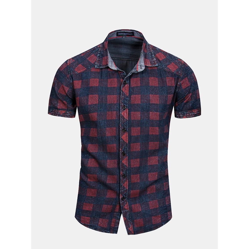 Checkered Pattern Cotton Short Sleeve Shirts for Men - L Blue