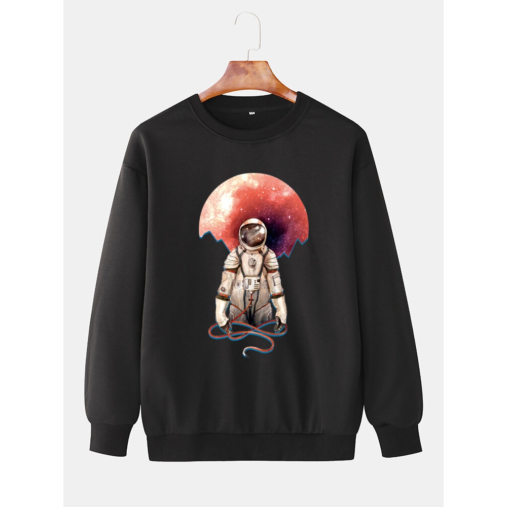 Mens Astronaut Print Round Neck Long Sleeve Casual Sweatshirts - Black XL