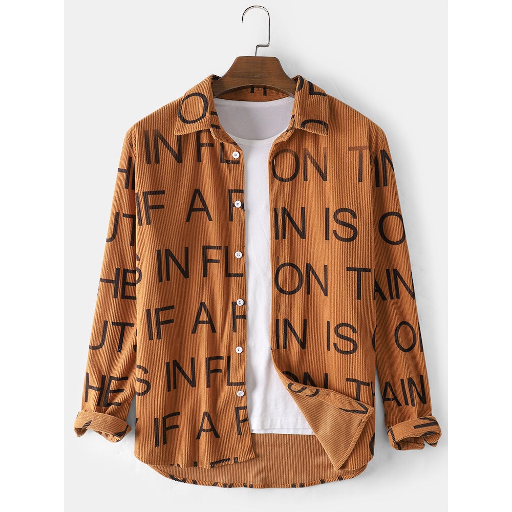 Corduroy Letter Print Long Sleeve Vintage Shirts For Men - Khaki S